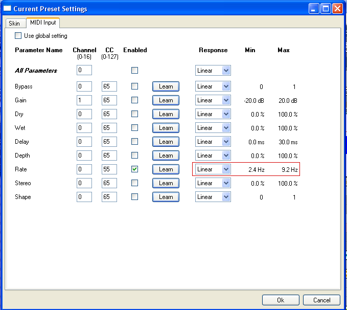 Step 15 - Tweak the Chorus MIDI response curve parameters (Min,Max,Response)